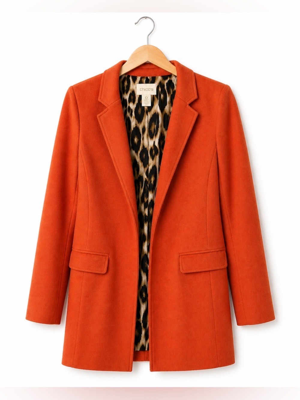 Chico’s Orange Blazer Leopard Lining Tailored Jacket Chic Statement Classic